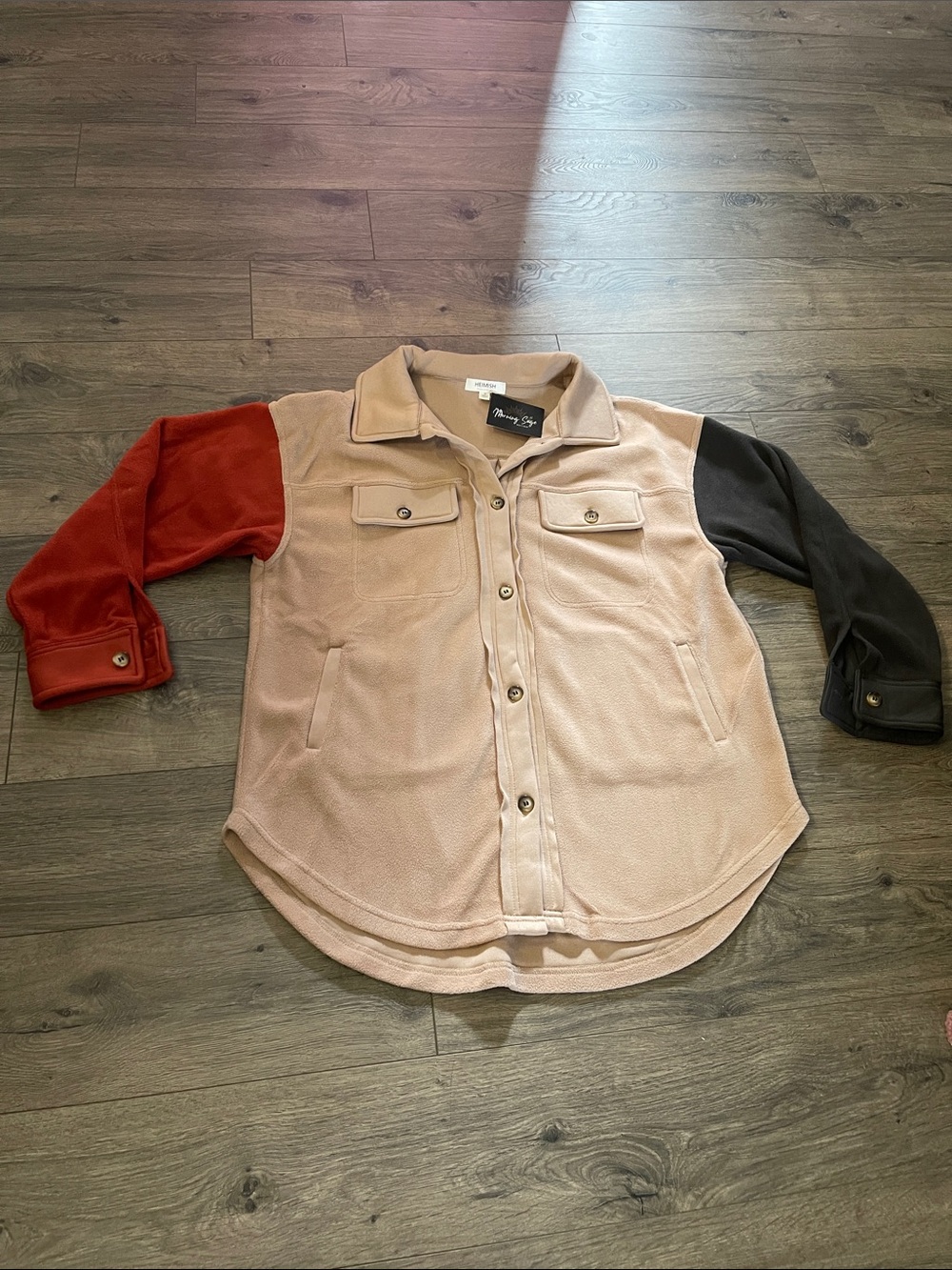 Colorblock Fleece Shirt Jacket - Beige with Red & Black Sleeves